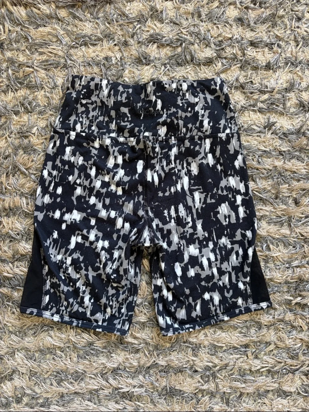Black & White Abstract Athletic Shorts with Mesh Accents XS